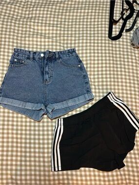 SHEIN Blue Denim High-Waist Rolled Cuff Shorts and Black With White Stripe